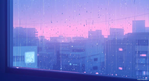 Aesthetic rain wallpaper with close up of raindrops on a window with an anime city view in the background.