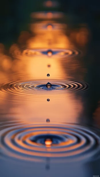 Aesthetic rain wallpaper with gentle rain falling on a still lake at dawn, soft ripples spreading from each drop, warm pastel sky reflections on the water surface.