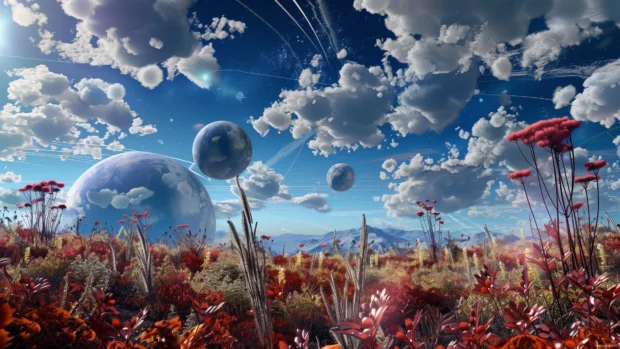 Alien landscape HD wallpaper with bizarre flora and cool twin moons.