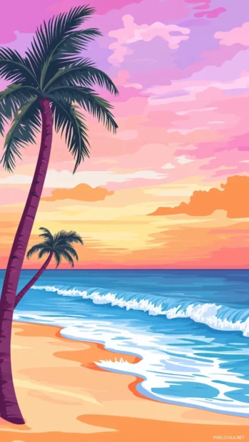 An Aesthetic tropical beach at sunset with soft pastel skies blending pink, orange, and purple hues, gentle waves lapping at the white sandy shore.