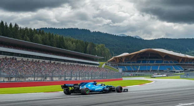 An F1 car racing past a grandstand during a sunny day.