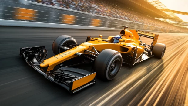 An F1 car racing past a grandstand during a sunny day, the motion of the car creating streaks of light and speed.