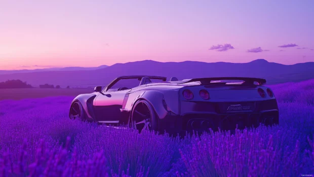 An aesthetic car design against a geometric background of soft pastel gradients.