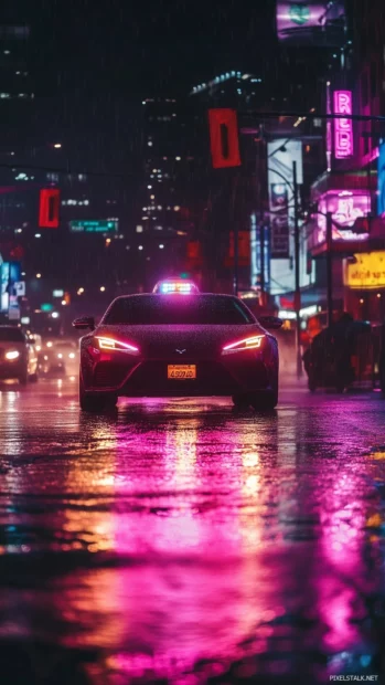 An aesthetic car illuminated by glowing neon lights on a rainy city street at night.