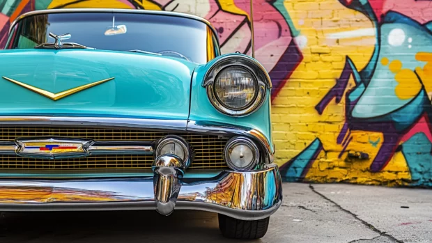 An aesthetic car parked in front of a vibrant graffiti wall.