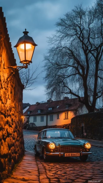 An aesthetic car parked under a vintage streetlight on a quiet cobblestone street.