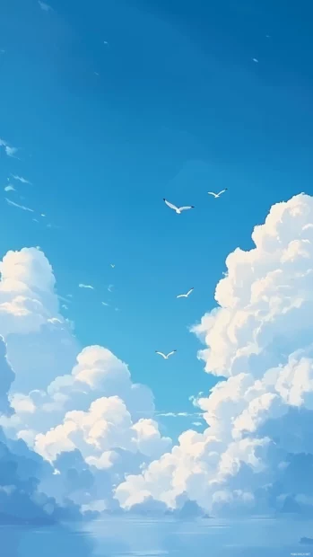 An aesthetic cloud background with a peaceful blue sky scattered with small, puffy cumulus clouds, with a few birds flying overhead.