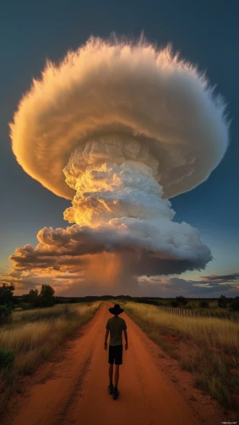 An aesthetic cloud formation with towering cumulonimbus clouds stretching high into the sky, lit up by the late afternoon sun.