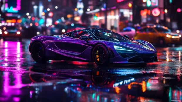 An aesthetic purple concept car with glowing neon accents, parked in a dark city street, with colorful streetlights reflecting off its glossy surface.