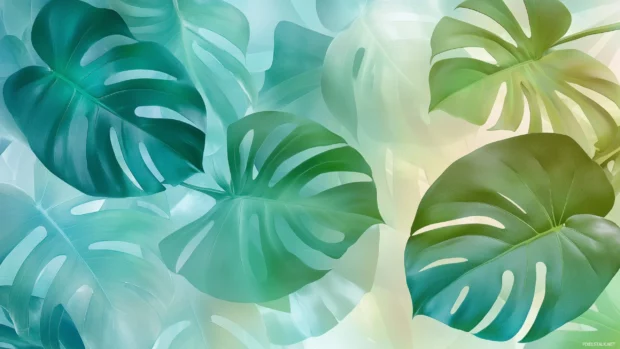 An artistic collage of tropical leaves with vibrant shades of green, teal, and blue.