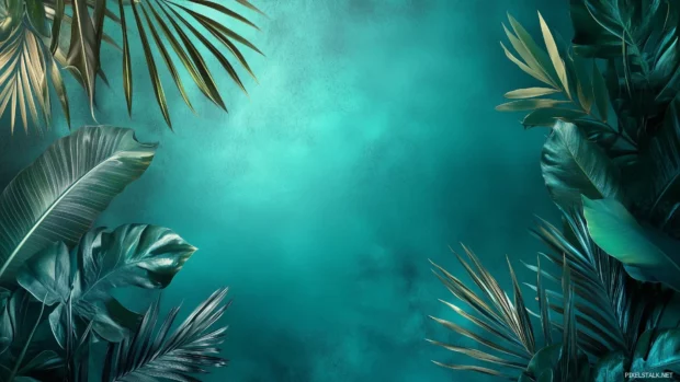 An artistic collage of tropical leaves with vibrant shades of green, teal, and blue, soft pastel gradient background.