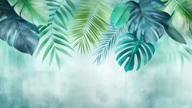 An artistic collage of tropical leaves with vibrant shades of green, teal, and blue, soft pastel gradient background, contemporary and modern tropical art style.