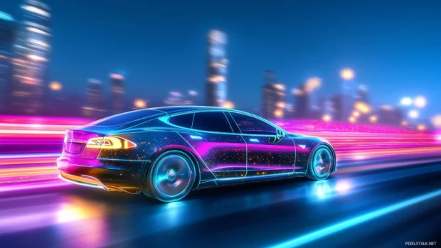 An electric car with glowing neon underglow and vibrant lights.