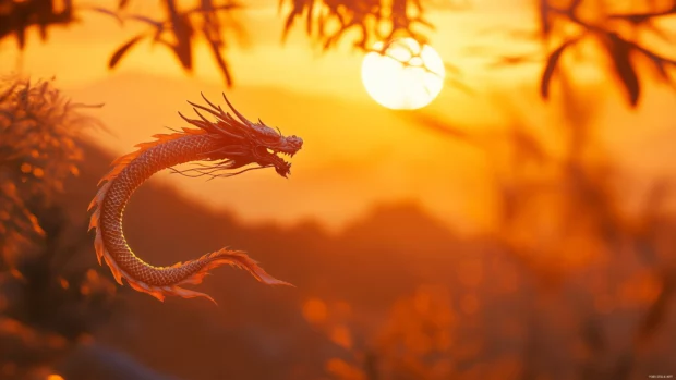 An elegant Chinese dragon flying above a peaceful mountain range at sunset, with golden and orange hues reflecting on its scales.