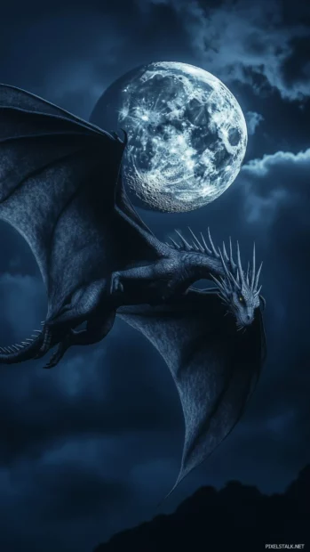 An elegant Dragon gently circling a full moon, its delicate scales shimmering subtly in the moonlight.