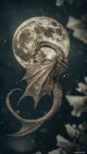 An elegant Dragon gently circling a full moon, its delicate scales shimmering subtly in the moonlight, set against a dark, clean background.