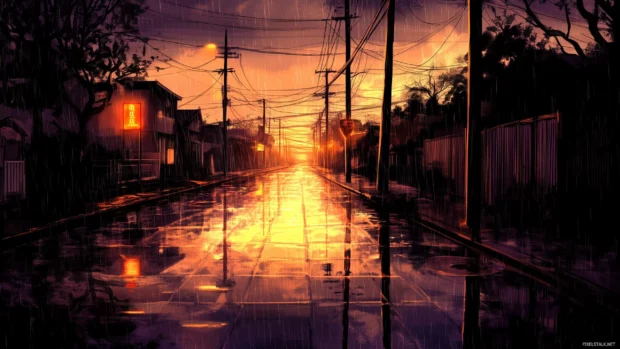 An empty anime street scene during heavy rain with glowing streetlights casting a warm orange glow, puddles reflecting light from above.