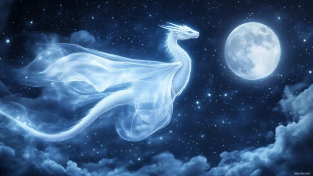 An ethereal dragon flees through a moonlit night sky, its translucent wings casting a soft glow.