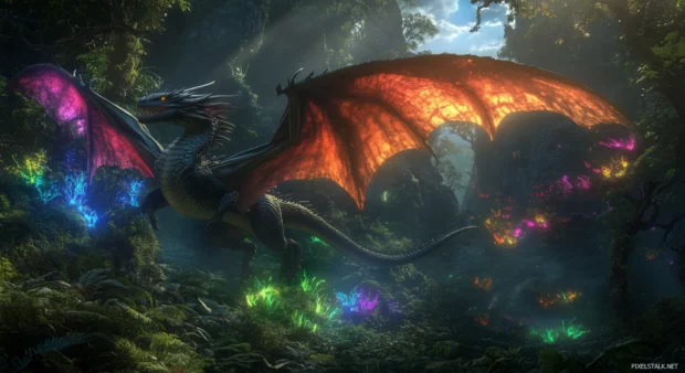 An ethereal dragon flying through a mystical forest filled with luminescent plants and magical creatures.