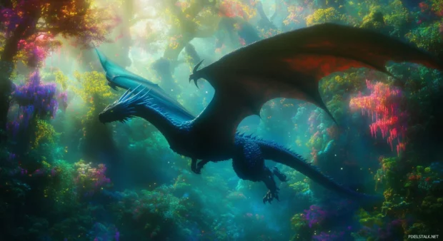 An ethereal dragon flying wallpaper.