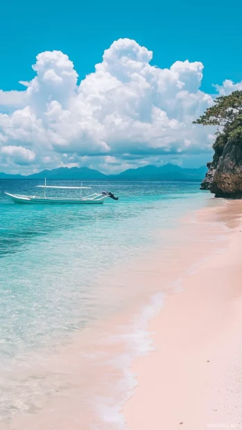 An overhead view of a pristine tropical beach with white sand and clear aqua water, soft waves.