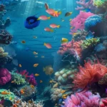 An underwater scene showcasing coral reefs and cool blue fish.