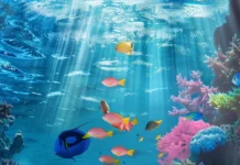 An underwater scene showcasing coral reefs and cool blue fish.