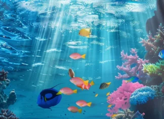 An underwater scene showcasing coral reefs and cool blue fish.