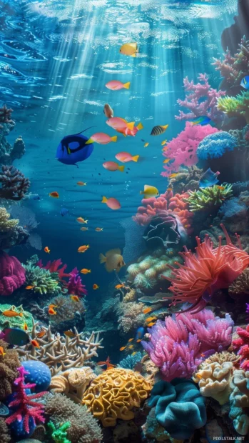 An underwater scene showcasing coral reefs and cool blue fish.