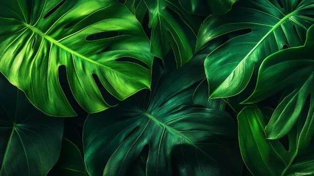 An up close macro shot of a large monstera leaf with dramatic natural light and shadow play.