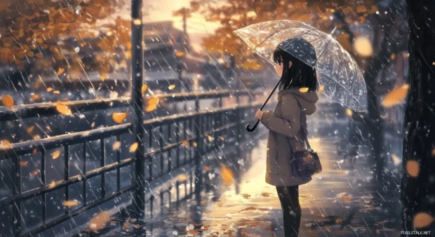 Anime girl holding a transparent umbrella in the rain while standing on a quiet bridge, rain creating soft ripples in the river below, leaves and petals floating on the water.