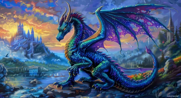 Artistic rendition of a cool dragon in a fantasy landscape with vibrant colors.