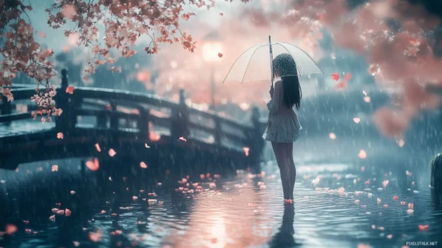 Beautiful anime rain wallpaper.