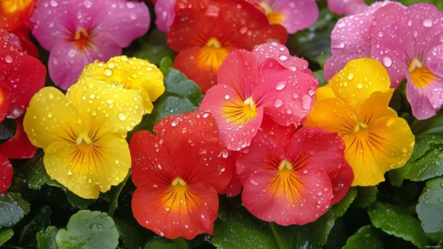 Beautiful rain wallpaper with rain soaked garden flowers in bloom, vibrant petals covered with fresh water droplets, close up view with shallow depth of field, vivid colors like red, pink, and yellow,.