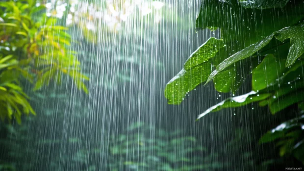 Beautiful rainfall in a tropical rainforest wallpaper.