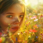 Beautiful girl in the field of flowers.