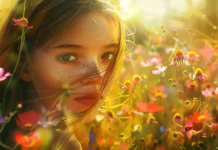 Beautiful girl in the field of flowers.