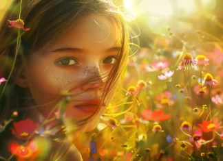 Beautiful girl in the field of flowers.