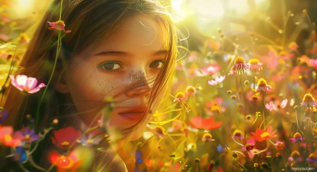 Beautiful girl in the field of flowers.