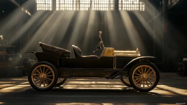 Black and gold vintage car parked under a spotlight in a dimly lit industrial garage.