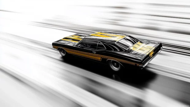 Black muscle car desktop wallpaper with a metallic gold racing stripe, speeding down an empty road with a motion blur effect.