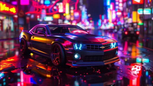 Camaro LT parked on a futuristic city street with neon lights reflecting off its shiny surface .