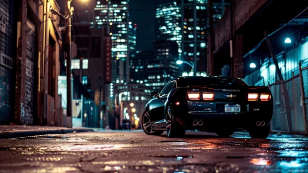 Camaro SS parked in an urban setting at night, illuminated by city lights.