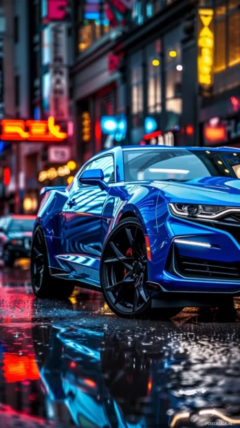 Camaro SS parked in an urban setting, reflecting city lights on its polished surface .