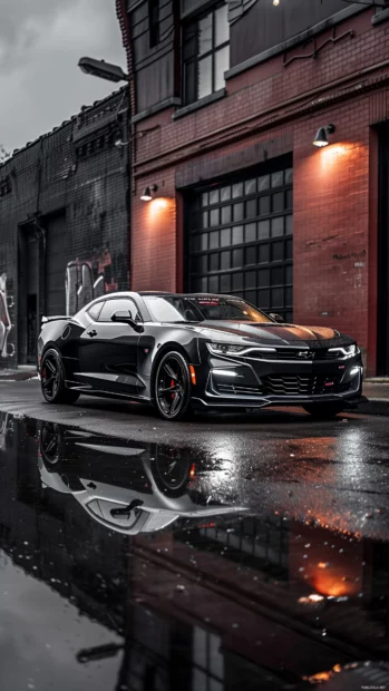 Camaro SS parked in an urban setting, reflecting city lights on its polished surface .