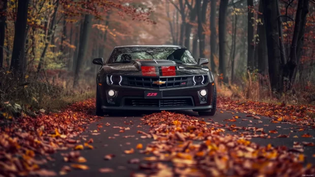 Camaro Z28 roaring through a forest road with autumn leaves scattered around.