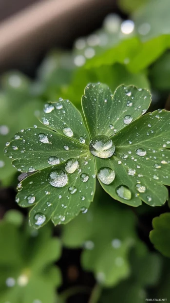 Close up of raindrops on a vibrant green leaf, crystal clear water droplets reflecting light.