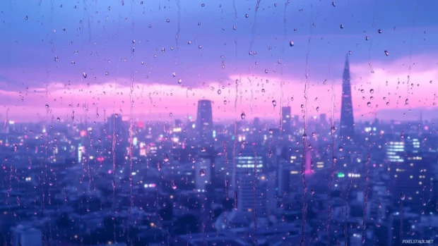 Close up of raindrops on a window with an anime city view in the background, soft pastel tones of pink, blue, and purple, distant silhouettes of anime style buildings.