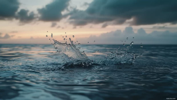 Close up of raindrops splashing into a still puddle on a smooth concrete surface, ripples forming in slow motion, clear reflection of cloudy sky above.