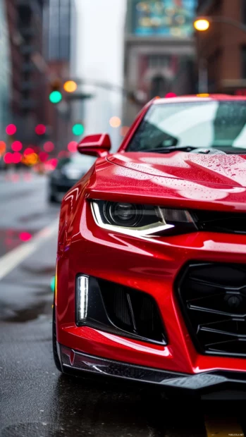 Close up of the front grille and headlights of a Camaro ZL1.